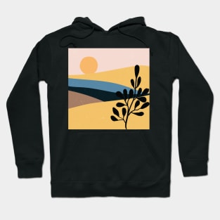 Contemporary abstract mountains and hills landscape with leaves branch digital design illustration Hoodie